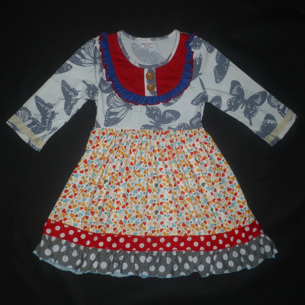 Boutique Butterfly Heart Print Long Sleeve Dress Valentine's Day